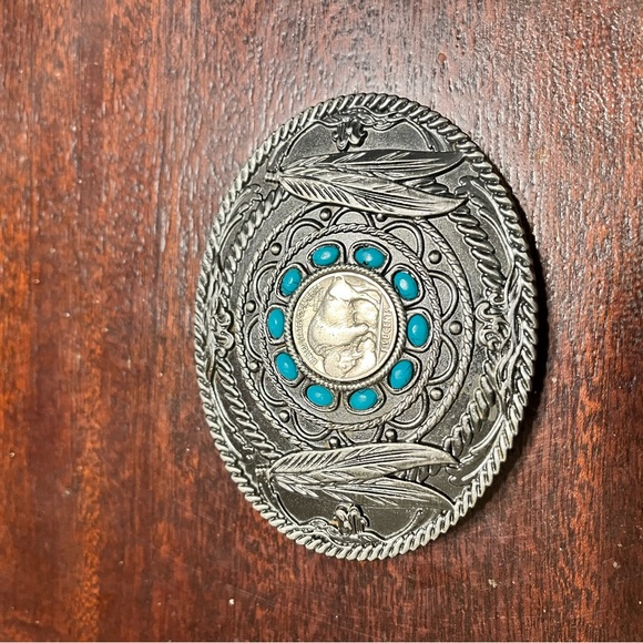 Silver and Turquoise Western Belt Buckle
